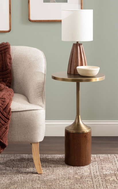 Whelan Modern Metal Round Side Table, 14 x 14 x 24, Antique Brass and Walnut Brown, Transitional Sculptural Indoor Plant Stand for Living Room End Table or Bedroom Nightstand