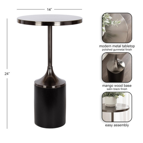 Whelan Modern Metal Round Side Table, 14 x 14 x 24, Gunmetal and Black, Transitional Sculptural Indoor Plant Stand for Living Room End Table or Bedroom Nightstand