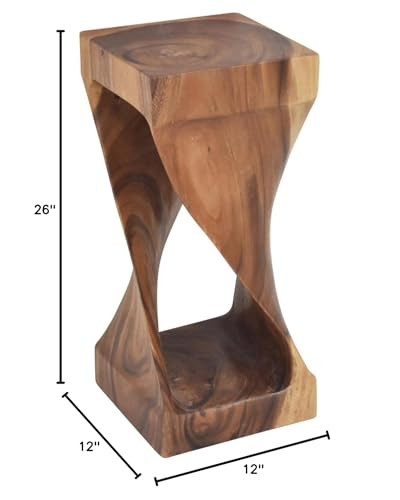 Solona Solid Wood Side Table, Acacia Whimsical Carved Design, Finish, Functional and Visually Alluring Natural Wood Glaze Accent Side Table, 12 L x 12 W x 26 H, Brown