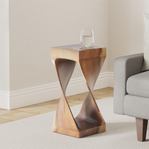 Solona Solid Wood Side Table, Acacia Whimsical Carved Design, Finish, Functional and Visually Alluring Natural Wood Glaze Accent Side Table, 12 L x 12 W x 26 H, Brown