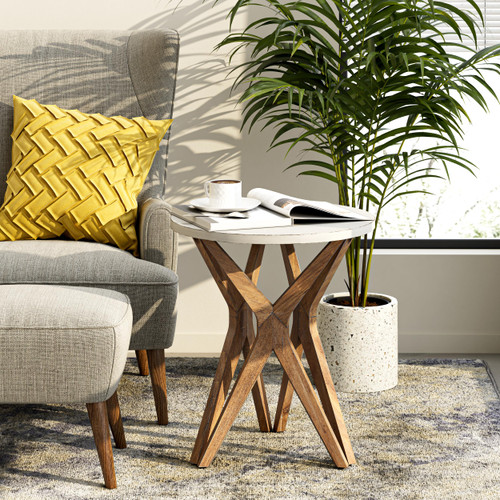 End Table, Distressed Top with Tripod Base Bedside Table for Living Room, Modern, Boho Decor, Round (1 Pack, White & Walnut)