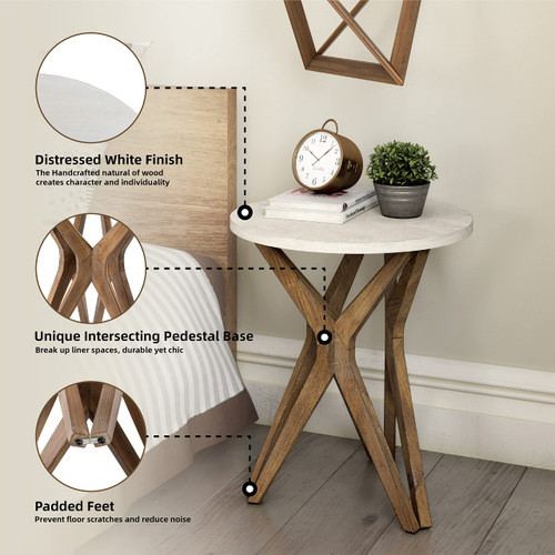 End Table, Distressed Top with Tripod Base Bedside Table for Living Room, Modern, Boho Decor, Round (1 Pack, White & Walnut)