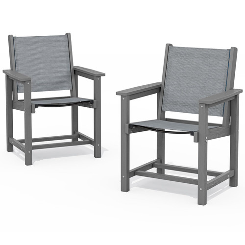 Textilene Outdoor Dining Chair Set of 2, HDPE Frame with Textile Chair Seat, Holds up to 300 LBS, All Weather Resistant Chairs for Lawn, Garden, Yard and Poolside, Gray, Grey