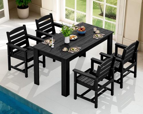 HDPE Dining Set for 4, Outdoor Dining Sets for 4 Person with 1 Umbrella Hole Cut-Out Rectangular Table and 4 Chairs, Patio Dining Sets Black