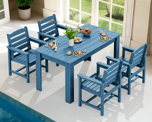 HDPE Dining Set for 4, Outdoor Dining Sets for 4 Person with 1 Umbrella Hole Cut-Out Rectangular Table and 4 Chairs, Patio Dining Sets Blue
