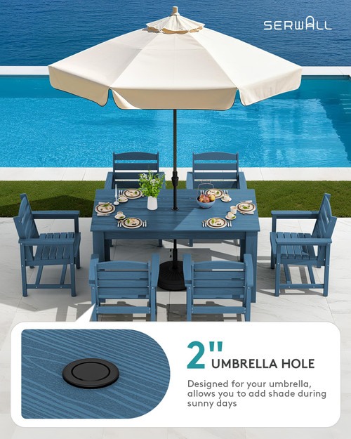 HDPE Dining Set for 4, Outdoor Dining Sets for 4 Person with 1 Umbrella Hole Cut-Out Rectangular Table and 4 Chairs, Patio Dining Sets Blue