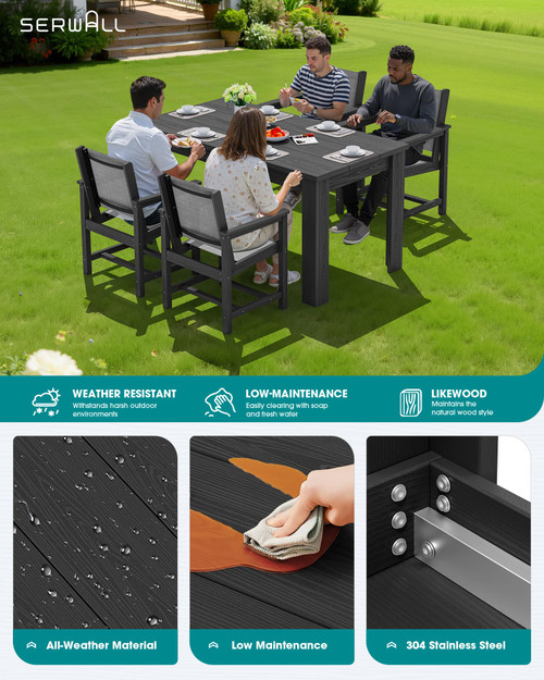 Outdoor Dining Sets for 4 with 1 Umbrella Hole Cut-Out Rectangular Table and 4 Textilene Chairs, Patio Dining Table Sets for Garden, Backyard, Poolside, Black