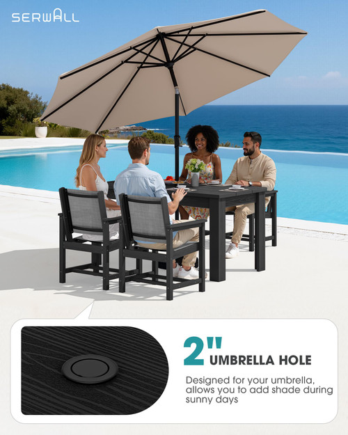 Outdoor Dining Sets for 4 with 1 Umbrella Hole Cut-Out Rectangular Table and 4 Textilene Chairs, Patio Dining Table Sets for Garden, Backyard, Poolside, Black