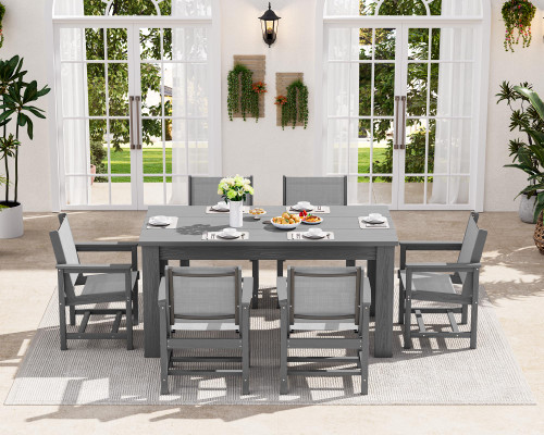 5 Piece Outdoor Dining Table Sets for 4 with 1 Umbrella Hole Cut-Out Rectangular Table and 4 Textilene Chairs, HDPE Dining Table Sets for Garden, Backyard, Poolside, Gray