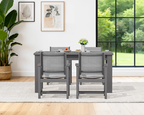 5 Piece Outdoor Dining Table Sets for 4 with 1 Umbrella Hole Cut-Out Rectangular Table and 4 Textilene Chairs, HDPE Dining Table Sets for Garden, Backyard, Poolside, Gray