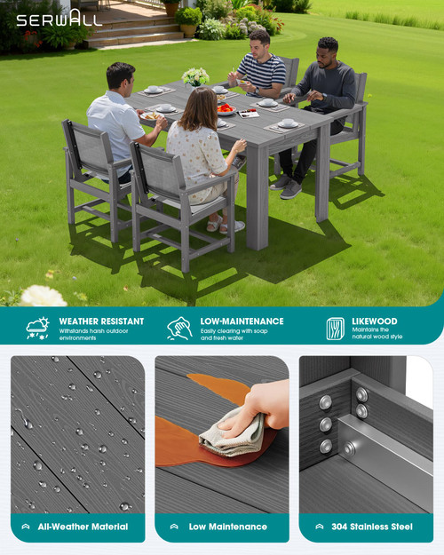 5 Piece Outdoor Dining Table Sets for 4 with 1 Umbrella Hole Cut-Out Rectangular Table and 4 Textilene Chairs, HDPE Dining Table Sets for Garden, Backyard, Poolside, Gray