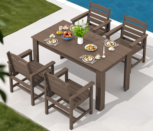 Patio Dining Set for 4, Outdoor Dining Sets for 4 Person with 1 Umbrella Hole Cut-Out Rectangular Table and 4 Chairs, HDPE Dining Sets for Garden, Backyard, Poolside, Coffee