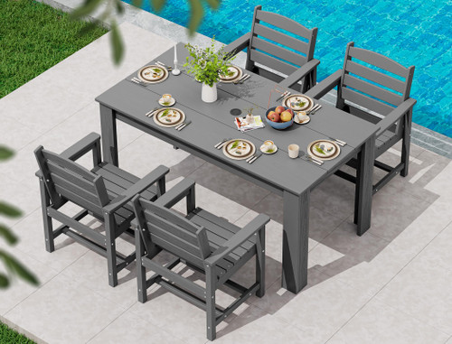 Patio Dining Set for 4, Outdoor Dining Sets for 4 Person with 1 Umbrella Hole Cut-Out Rectangular Table and 4 Chairs, HDPE Dining Sets for Garden, Backyard, Poolside, Gray