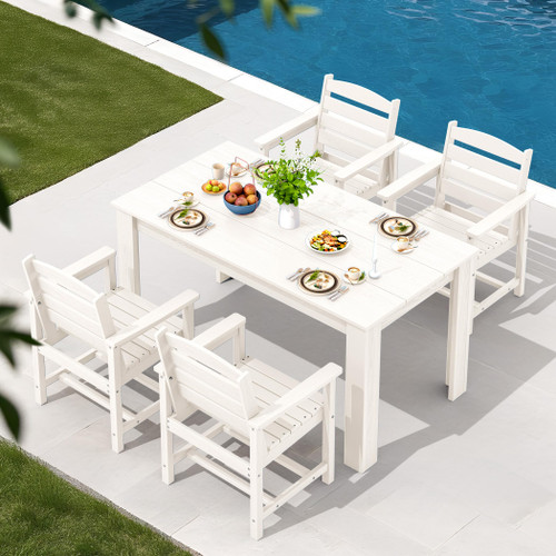 Patio Dining Set for 4, Outdoor Dining Sets for 4 Person with 1 Umbrella Hole Cut-Out Rectangular Table and 4 Chairs, HDPE Dining Sets for Garden, Backyard, Poolside, White