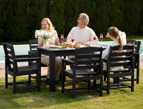 Patio Dining Set for 6, Outdoor Dining Sets for 6 Person with 1 Umbrella Hole Cut-Out Rectangular Table and 6 Chairs, HDPE Dining Sets for Garden, Backyard, Poolside, Black