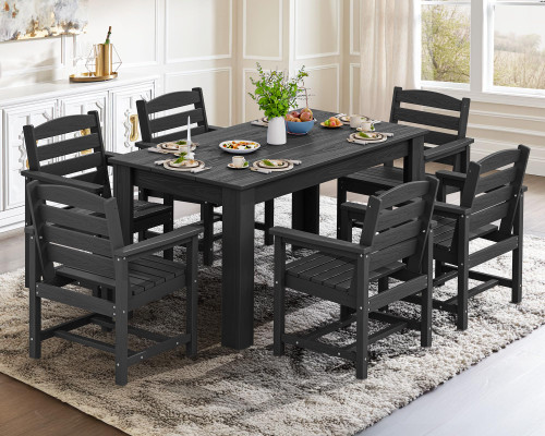 Patio Dining Set for 6, Outdoor Dining Sets for 6 Person with 1 Umbrella Hole Cut-Out Rectangular Table and 6 Chairs, HDPE Dining Sets for Garden, Backyard, Poolside, Black