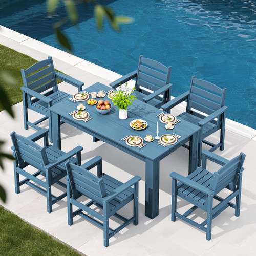 Patio Dining Set for 6, Outdoor Dining Sets for 6 Person with 1 Umbrella Hole Cut-Out Rectangular Table and 6 Chairs, HDPE Dining Sets for Garden, Backyard, Poolside, Blue