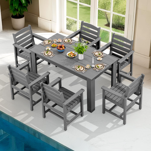 Patio Dining Set for 6, Outdoor Dining Sets for 6 Person with 1 Umbrella Hole Cut-Out Rectangular Table and 6 Chairs, HDPE Dining Sets for Garden, Backyard, Poolside, Gray