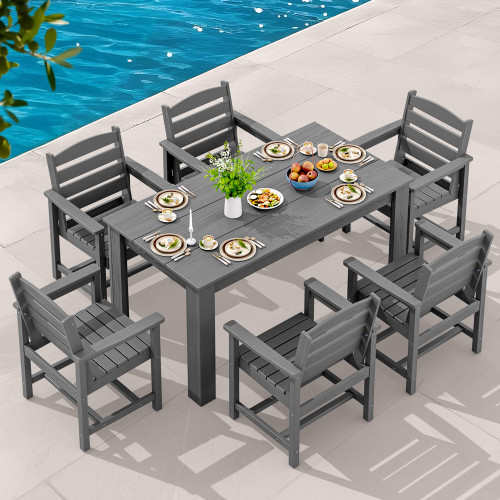 Patio Dining Set for 6, Outdoor Dining Sets for 6 Person with 1 Umbrella Hole Cut-Out Rectangular Table and 6 Chairs, HDPE Dining Sets for Garden, Backyard, Poolside, Gray