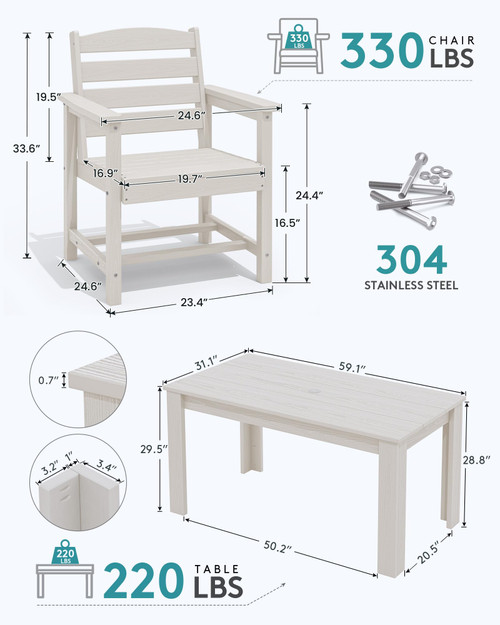 Patio Dining Set for 6, Outdoor Dining Sets for 6 Person with 1 Umbrella Hole Cut-Out Rectangular Table and 6 Chairs, HDPE Dining Sets for Garden, Backyard, Poolside, White
