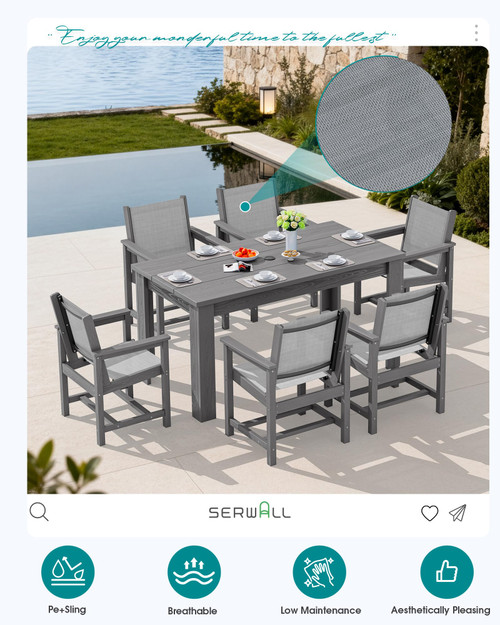 7 Piece Outdoor Dining Table Sets for 6 with 1 Umbrella Hole Cut-Out Rectangular Table and 6 Textilene Chairs, HDPE Dining Table Sets for Garden, Backyard, Poolside, Gray