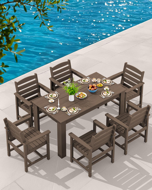 Patio Dining Set for 6, Outdoor Dining Sets for 6 Person with 1 Umbrella Hole Cut-Out Rectangular Table and 6 Chairs, HDPE Dining Sets for Garden, Backyard, Poolside, Coffee