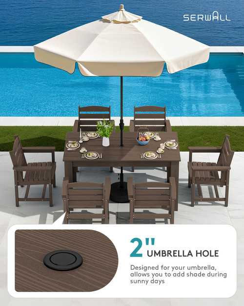 Patio Dining Set for 6, Outdoor Dining Sets for 6 Person with 1 Umbrella Hole Cut-Out Rectangular Table and 6 Chairs, HDPE Dining Sets for Garden, Backyard, Poolside, Coffee