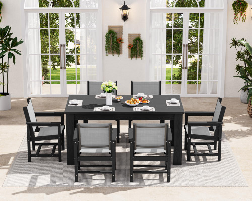 7 Piece Outdoor Dining Table Sets for 6 with 1 Umbrella Hole Cut-Out Rectangular Table and 6 Textilene Chairs, HDPE Dining Table Sets for Garden, Backyard, Poolside, Black