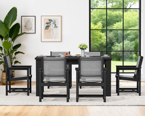 7 Piece Outdoor Dining Table Sets for 6 with 1 Umbrella Hole Cut-Out Rectangular Table and 6 Textilene Chairs, HDPE Dining Table Sets for Garden, Backyard, Poolside, Black