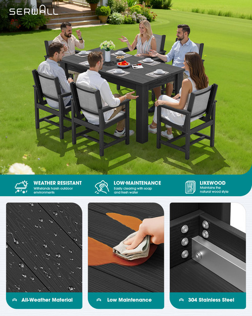 7 Piece Outdoor Dining Table Sets for 6 with 1 Umbrella Hole Cut-Out Rectangular Table and 6 Textilene Chairs, HDPE Dining Table Sets for Garden, Backyard, Poolside, Black