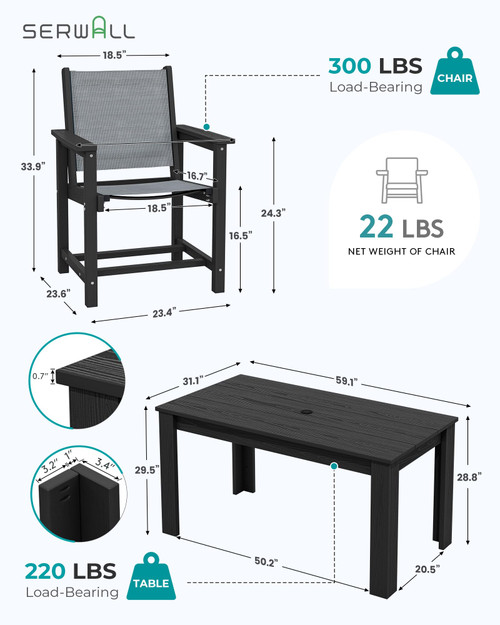 7 Piece Outdoor Dining Table Sets for 6 with 1 Umbrella Hole Cut-Out Rectangular Table and 6 Textilene Chairs, HDPE Dining Table Sets for Garden, Backyard, Poolside, Black