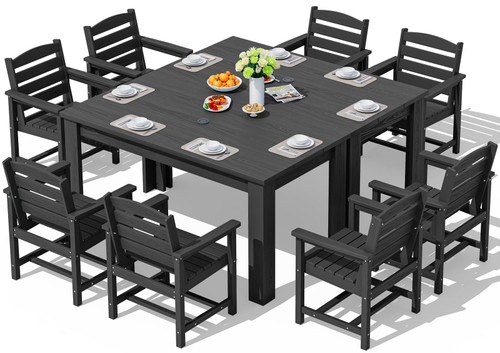 Patio Dining Sets for 8, Outdoor Dining Sets for 8 Person with 2 Umbrella Hole Cut-Out Rectangular Tables and 8 Chairs, HDPE Dining Sets for Garden, Backyard, Poolside, Black