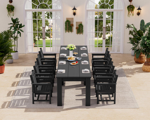 Patio Dining Sets for 8, Outdoor Dining Sets for 8 Person with 2 Umbrella Hole Cut-Out Rectangular Tables and 8 Chairs, HDPE Dining Sets for Garden, Backyard, Poolside, Black