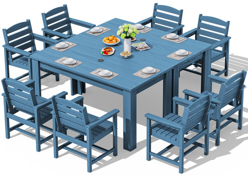 Patio Dining Sets for 8, Outdoor Dining Sets for 8 Person with 2 Umbrella Hole Cut-Out Rectangular Tables and 8 Chairs, HDPE Dining Sets for Garden, Backyard, Poolside, Blue