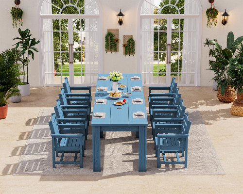 Patio Dining Sets for 8, Outdoor Dining Sets for 8 Person with 2 Umbrella Hole Cut-Out Rectangular Tables and 8 Chairs, HDPE Dining Sets for Garden, Backyard, Poolside, Blue