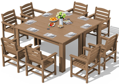Patio Dining Sets for 8, Outdoor Dining Sets for 8 Person with 2 Umbrella Hole Cut-Out Rectangular Tables and 8 Chairs, HDPE Dining Sets for Garden, Backyard, Poolside, Brown