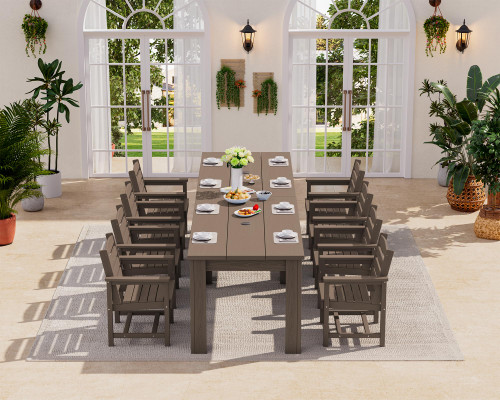 Patio Dining Sets for 8, Outdoor Dining Sets for 8 Person with 2 Umbrella Hole Cut-Out Rectangular Tables and 8 Chairs, HDPE Dining Sets for Garden, Backyard, Poolside, Coffee