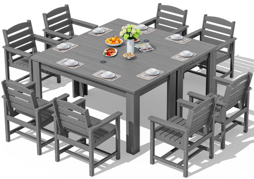 Patio Dining Sets for 8, Outdoor Dining Sets for 8 Person with 2 Umbrella Hole Cut-Out Rectangular Tables and 8 Chairs, HDPE Dining Sets for Garden, Backyard, Poolside, Gray