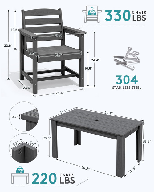 Patio Dining Sets for 8, Outdoor Dining Sets for 8 Person with 2 Umbrella Hole Cut-Out Rectangular Tables and 8 Chairs, HDPE Dining Sets for Garden, Backyard, Poolside, Gray