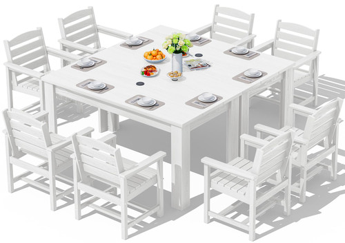 Patio Dining Sets for 8, Outdoor Dining Sets for 8 Person with 2 Umbrella Hole Cut-Out Rectangular Tables and 8 Chairs, HDPE Dining Sets for Garden, Backyard, Poolside, White