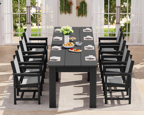 10 Piece Outdoor Dining Table Sets for 8 with 2 Umbrella Hole Cut-Out Rectangular Tables and 8 Textilene Chairs, HDPE Dining Table Sets for Garden, Backyard, Poolside, Black