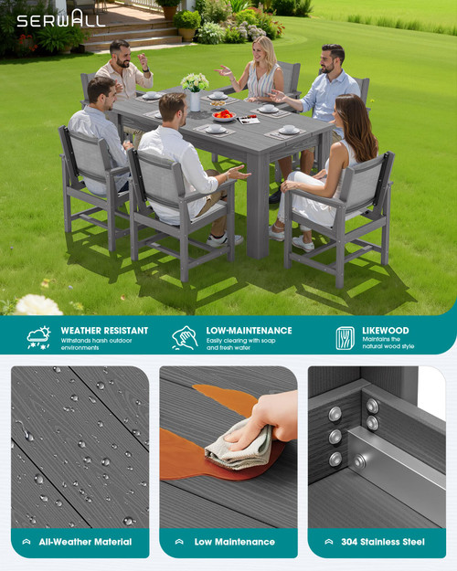 10 Piece Outdoor Dining Table Sets for 8 with 2 Umbrella Hole Cut-Out Rectangular Tables and 8 Textilene Chairs, HDPE Dining Table Sets for Garden, Backyard, Poolside, Gray