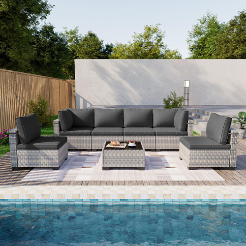 7-Piece Patio Furniture Set, Outdoor Sectional with Thick Cushions, Modular Patio Sofa, Dual-Strand Wicker Rattan, Rust-Resistant Frame, Backyard Furniture for Garden, Deck, Dark Black