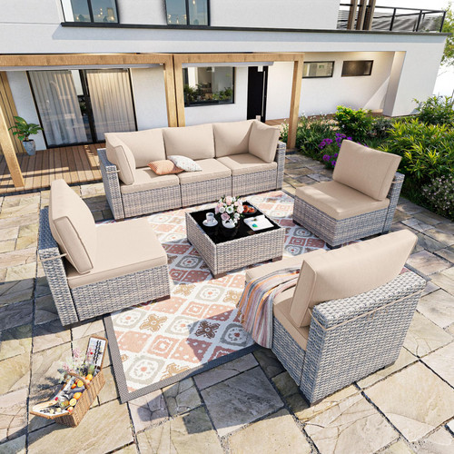 7-Piece Patio Furniture Set, Outdoor Sectional with Thick Cushions, Modular Patio Sofa, Dual-Strand Wicker Rattan, Rust-Resistant Frame, Backyard Furniture for Garden, Deck, Khaki
