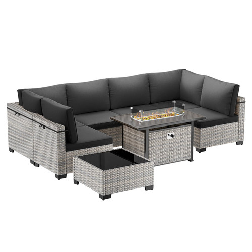 8-Piece Modern Patio Conversation Set with 55,000 BTU Fire Pit Table, Thick Cushions, Upgraded Rattan, Reinforced Frame