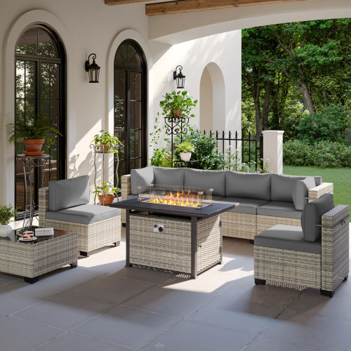 8-Piece Modern Patio Furniture Set with 55,000 BTU Fire Pit Table, Thick Cushions, Dual-Strand Wicker Rattan, Rust-Resistant Frame, Grey