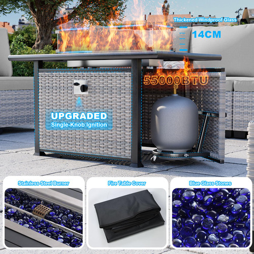 8-Piece Modern Patio Furniture Set with 55,000 BTU Fire Pit Table, Thick Cushions, Dual-Strand Wicker Rattan, Rust-Resistant Frame, Grey