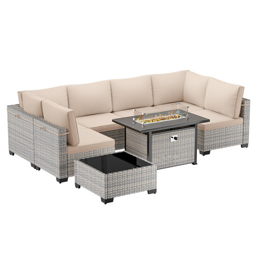 8-Piece Modern Patio Conversation Set with 55,000 BTU Fire Pit Table, Thick Cushions, Dual-Strand Wicker Rattan, Rust-Resistant Frame, Khaki