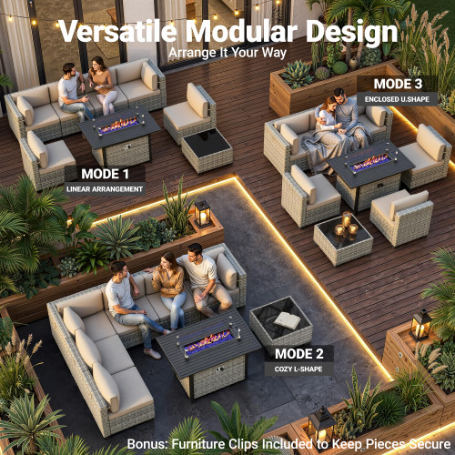 8-Piece Modern Patio Conversation Set with 55,000 BTU Fire Pit Table, Thick Cushions, Dual-Strand Wicker Rattan, Rust-Resistant Frame, Khaki