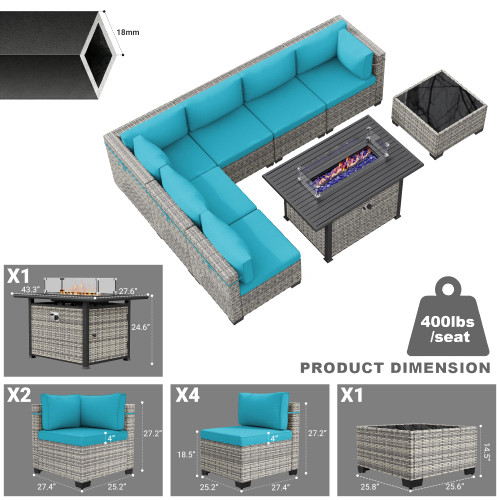 8-Piece Modern Patio Conversation Set with 55,000 BTU Fire Pit Table, Thick Cushions, Dual-Strand Wicker Rattan, Rust-Resistant Frame, Lake Blue